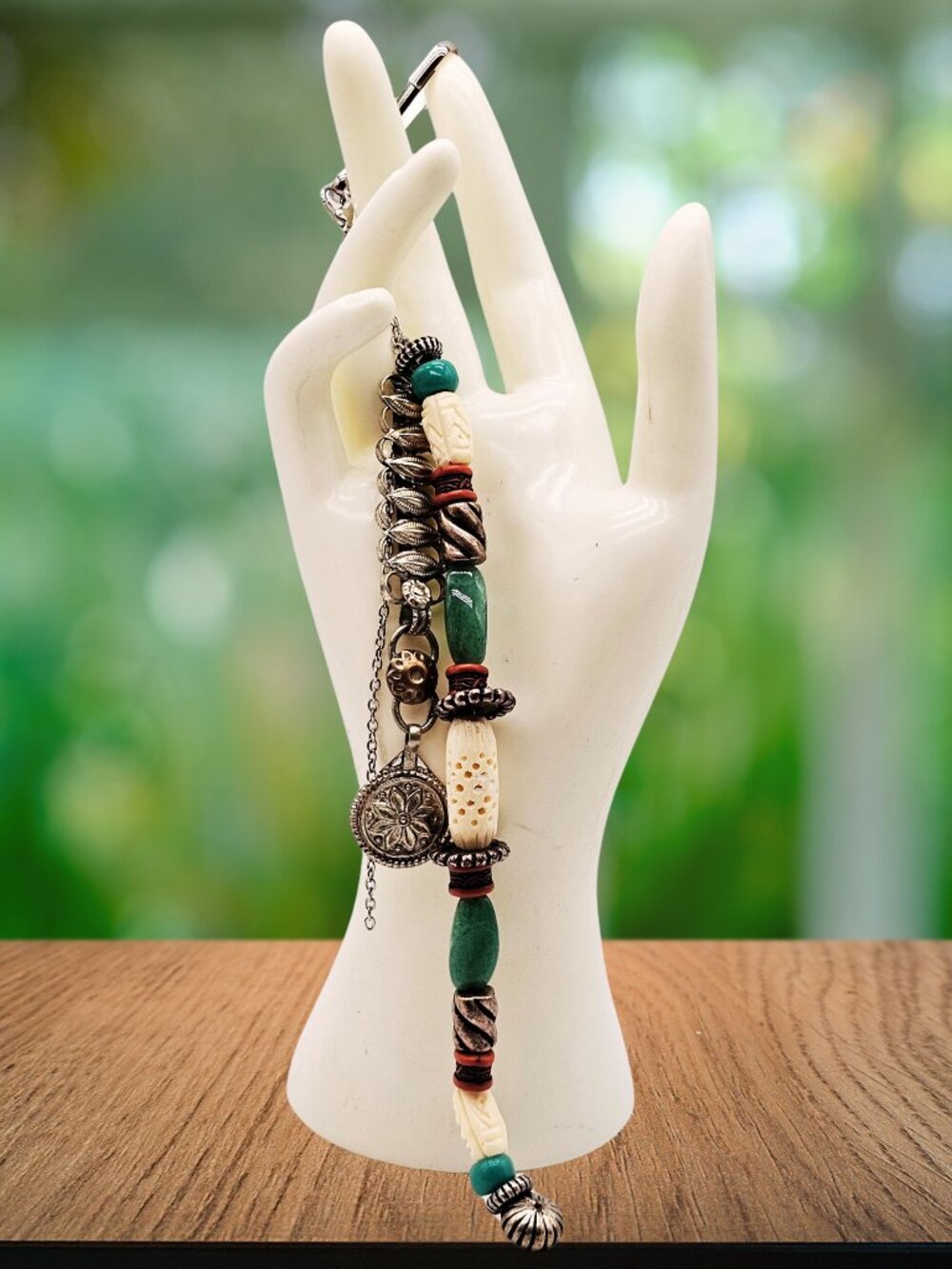 Artisan Boho Beaded Purse Charm Zipper Pull Keychain Green Ivory Floral Pendant